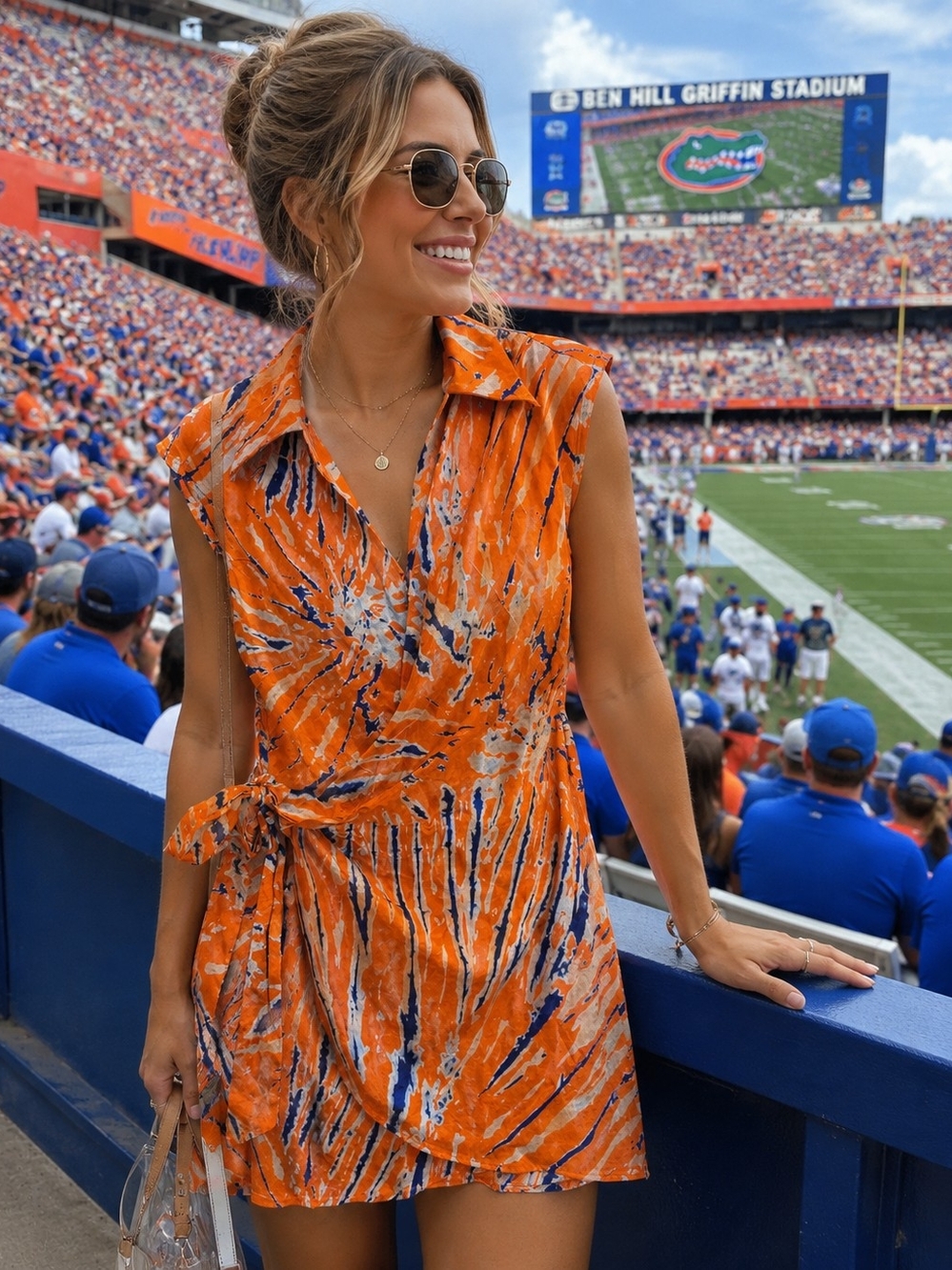 Sleeveless Orange And Blue Tie-Waist Collared Mini Dress